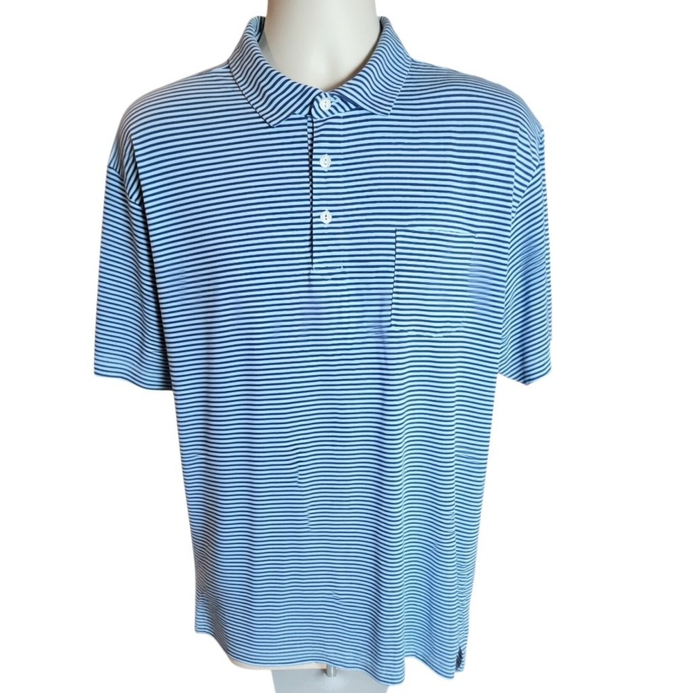 Peter Millar Seaside Wash Mens Large Blue Striped Short Sleeve Pocket Polo Shirt